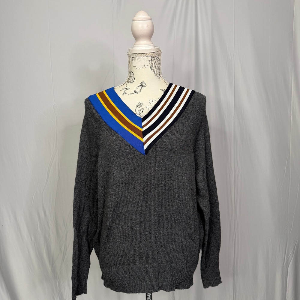 Sandro Nepeta Grey V-Neck Striped Asymmetrical Collar Sweater D313M Size 1 - Picture 3 of 10